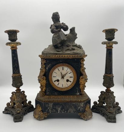 Mantel clock and pair of candelabras - mantel...
