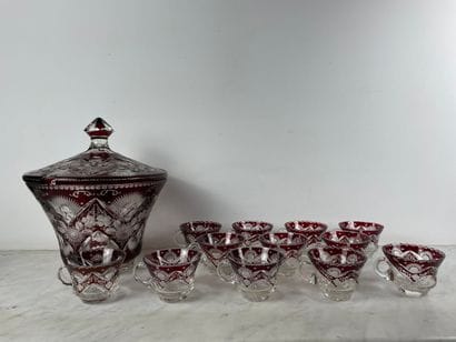 Red-lined crystal punch set - Bohemia, late...