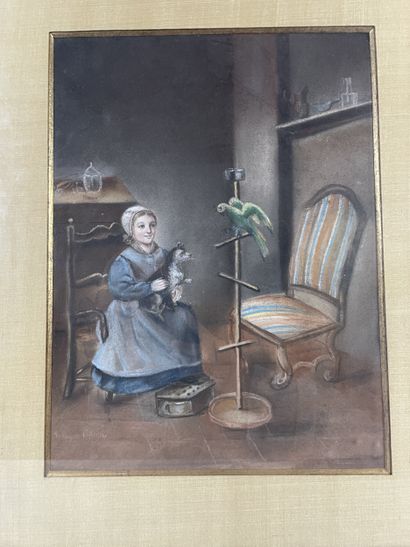 Ecole française, vers 1937 Fillette au perroquet...