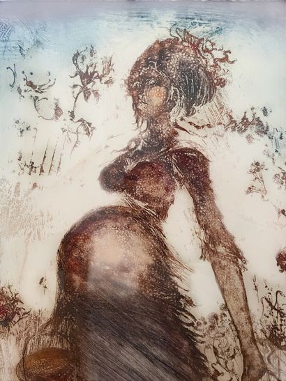 Gravure en couleurs - Femme stylisée, années...