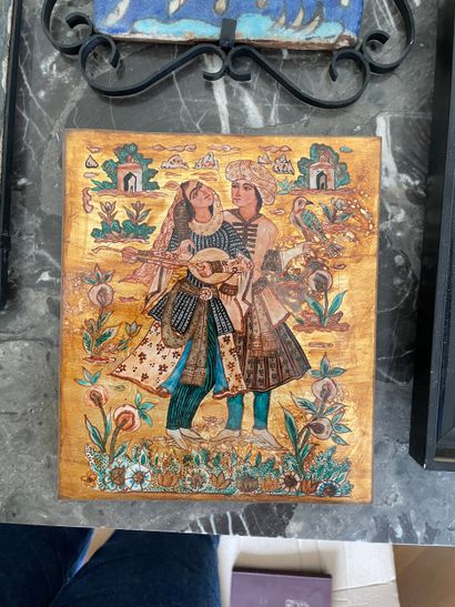 Trois carreaux émaillés et une illustration...