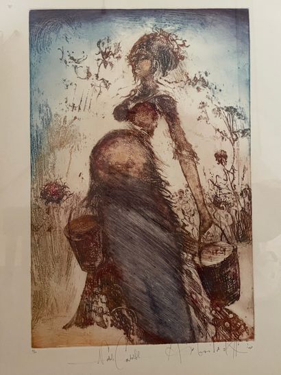 Gravure en couleurs - Femme stylisée, années...