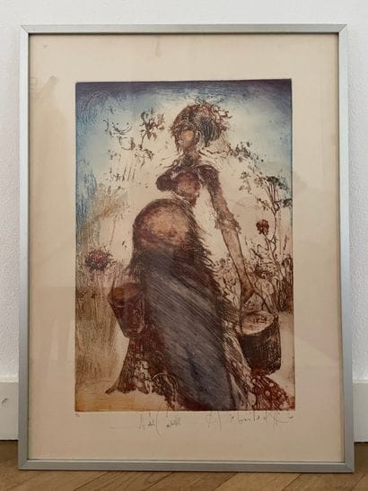 Gravure en couleurs - Femme stylisée, années...