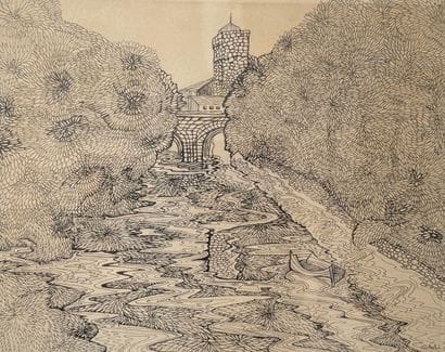 Landscape with bridge and river 20th century

Black...