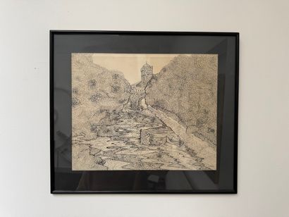 Landscape with bridge and river 20th century

Black...