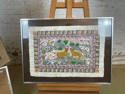 Animal scene with jaguars
Painting on bark...