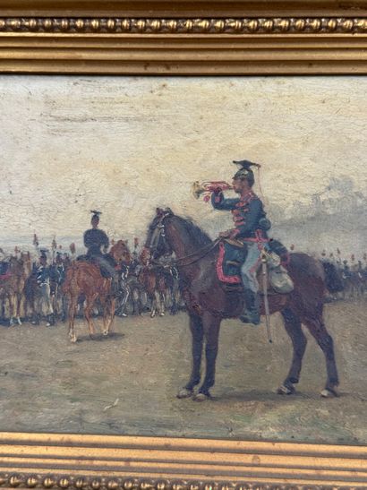 Trumpeter rider in front of a military troop
Oil...