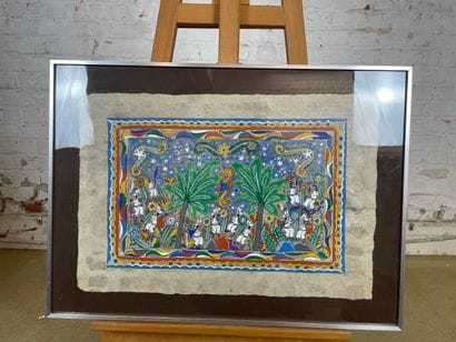Village festive scene
Painting on bark paper...