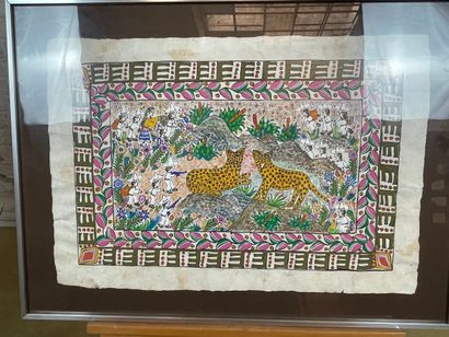 Animal scene with jaguars
Painting on bark...