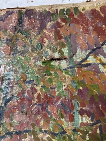 Oil on canvas depicting a wooded country...