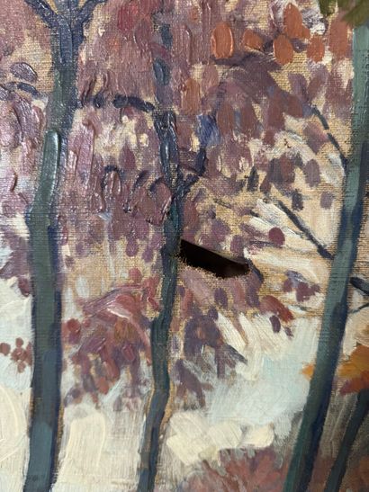 Oil on canvas depicting a wooded country...
