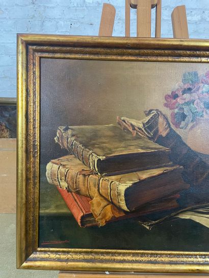 Still life with books and bouquet
Oil on...