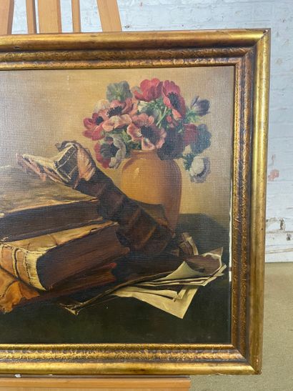 Still life with books and bouquet
Oil on...