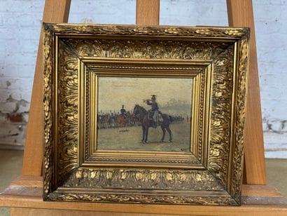 Trumpeter rider in front of a military troop
Oil...
