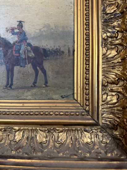 Trumpeter rider in front of a military troop
Oil...