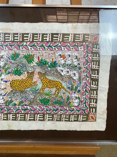 Animal scene with jaguars
Painting on bark...