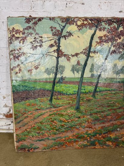 Oil on canvas depicting a wooded country...