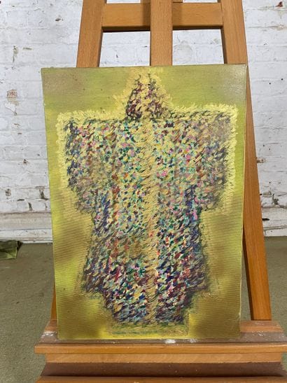 Woman with curved back 
Mixed media on canvas...
