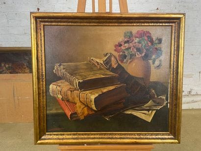 Still life with books and bouquet
Oil on...