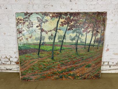 Oil on canvas depicting a wooded country...
