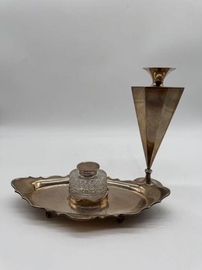 Silver and crystal composite desk set, England...