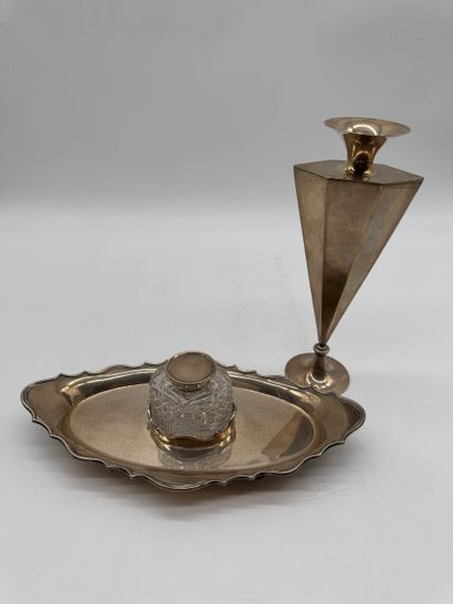 Silver and crystal composite desk set, England...