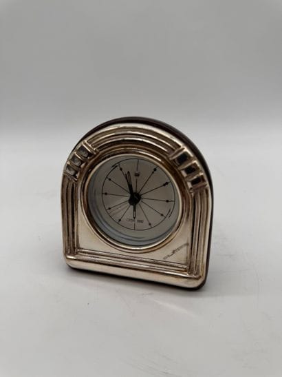 Art Deco-style half-moon desk clock in mahogany-stained...