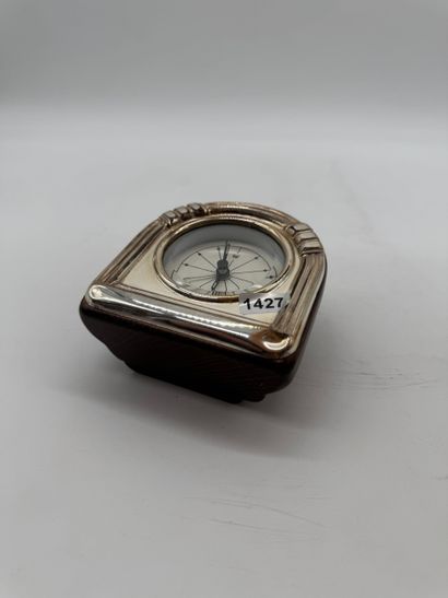 Art Deco-style half-moon desk clock in mahogany-stained...