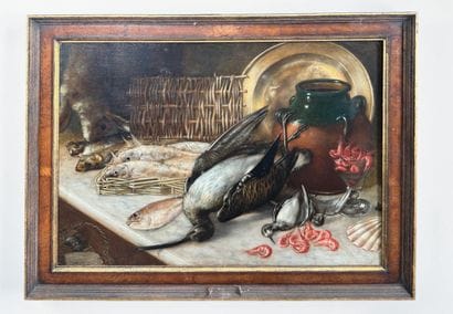 Still life with fish, rabbit, birds and shrimp
Oil...