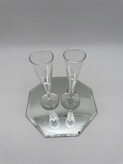 Mirror tray and two mismatched crystal champagne...