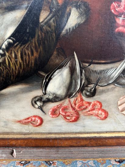 Still life with fish, rabbit, birds and shrimp
Oil...