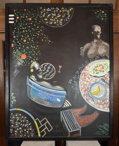 Nighttime domestic scene with stylized figures
Painting...
