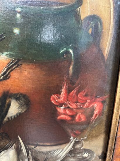 Still life with fish, rabbit, birds and shrimp
Oil...