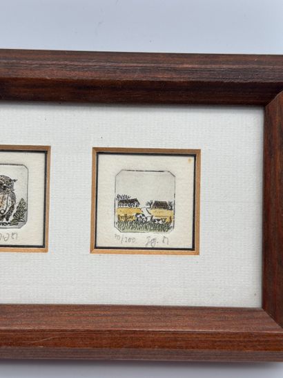 Suite of two miniatures: owl and rural scene
Two...