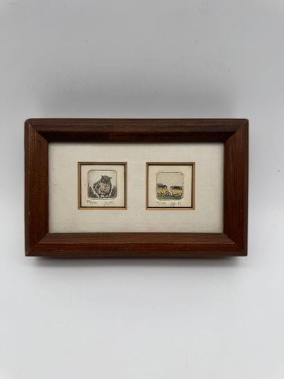 Suite of two miniatures: owl and rural scene
Two...