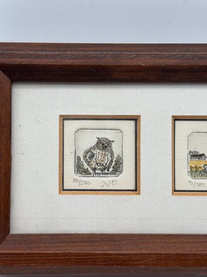 Suite of two miniatures: owl and rural scene
Two...