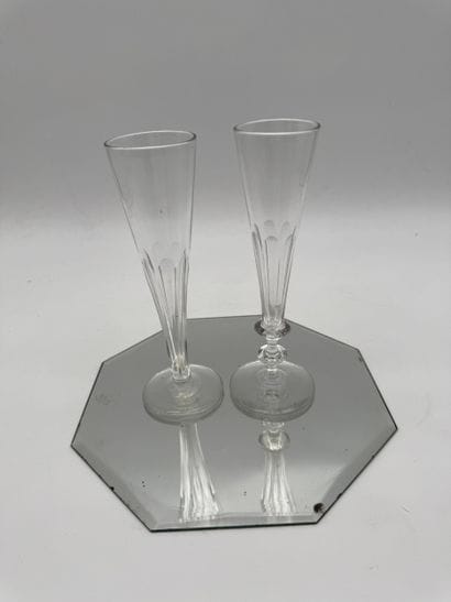 Mirror tray and two mismatched crystal champagne...
