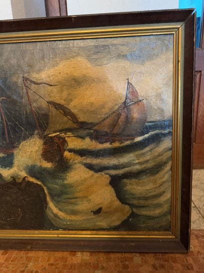 Oil on canvas depicting a marine scene.
Restoration...