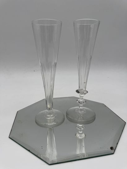 Mirror tray and two mismatched crystal champagne...