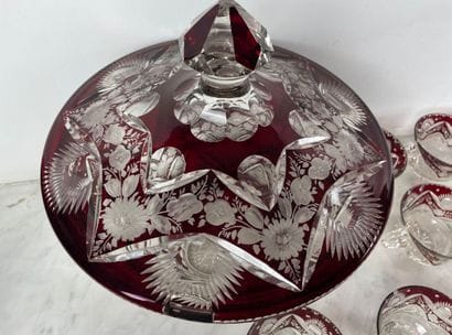 Red-lined crystal punch set - Bohemia, late...