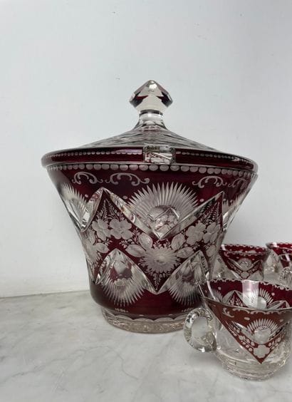 Red-lined crystal punch set - Bohemia, late...