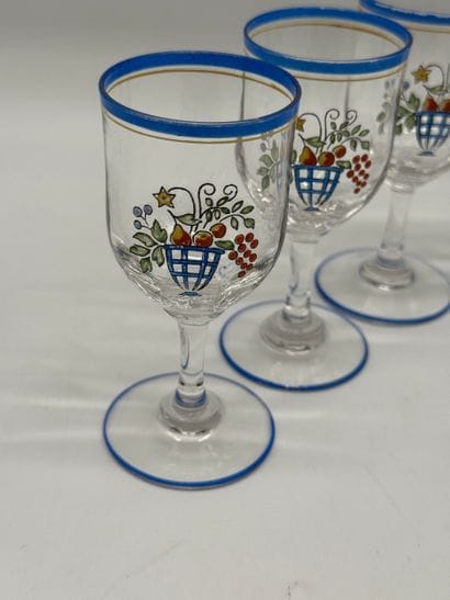 Set of six stemmed glasses with polychrome...