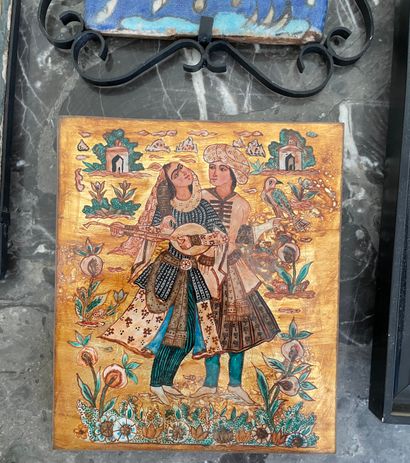 Trois carreaux émaillés et une illustration...