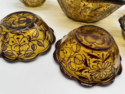 AMBER GLASS AND SILVER DESSERT SET MID-20TH...