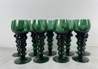 Suite of nine Römer green wine glasses, Germany,...