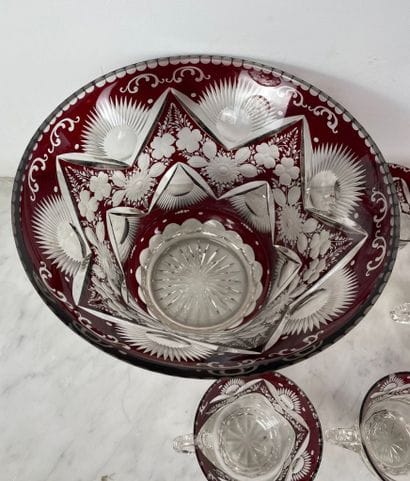 Red-lined crystal punch set - Bohemia, late...