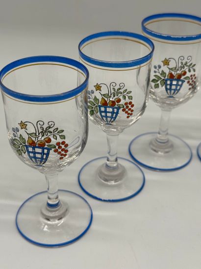 Set of six stemmed glasses with polychrome...