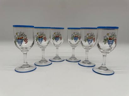 Set of six stemmed glasses with polychrome...