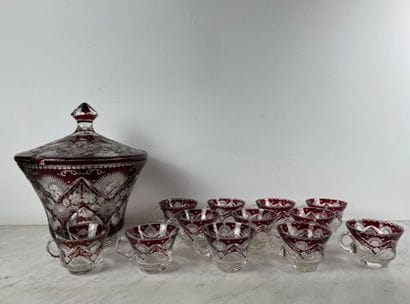 Red-lined crystal punch set - Bohemia, late...