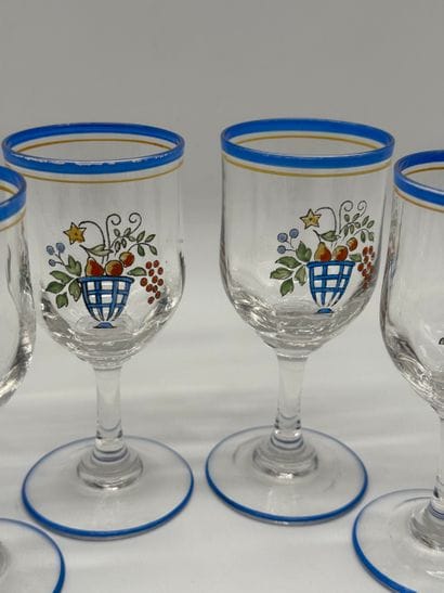 Set of six stemmed glasses with polychrome...